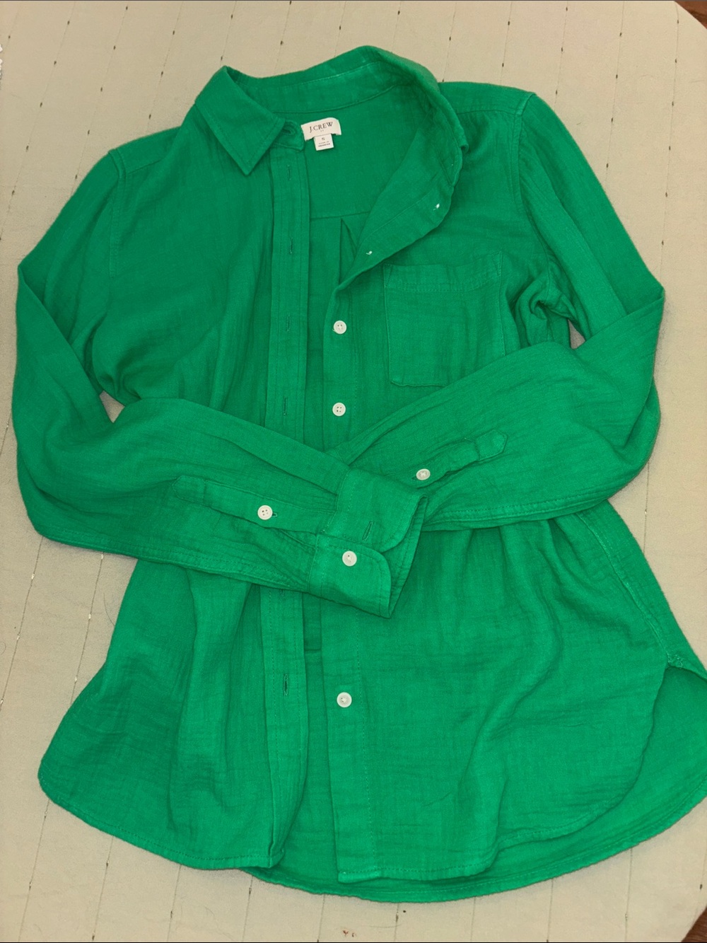 J. Crew Cotton Green Muslin Collar Button Down Long Sleeve Gauze Shirt Size Smal